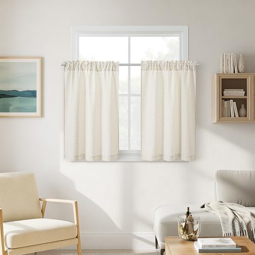 2 Panels 36 Inch Half Kitchen Curtains Sets for Bathroom RV Campers | Farmhouse Natural, Linen Drapes, Non-See-Through Privacy, Short Windows Curtains, 36 Inch Length, Rod Pocket, W30xL36