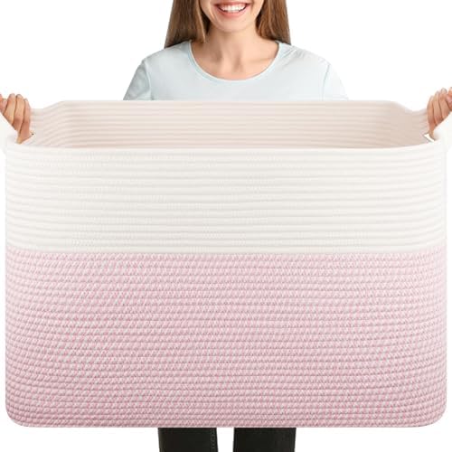 OIASKET 108L Cotton Rope Storage Basket for Living Room and Bedroom 25"x16"x16" Woven Laundry Basket, Heavy Duty Bin for Blankets, Pillows & Toys, Pet-Safe & Scratch-Free, Pink and White
