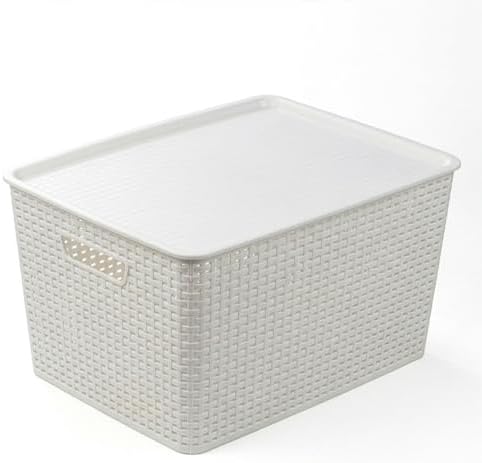 BINO | Plastic Storage Baskets with Lids, 33 Liter - 3 Pack, White | THE WOVEN COLLECTION | Storage Basket for Shelves | Woven Storage Baskets for Organizing Bins Pantry Shelf Organizer Container Bin