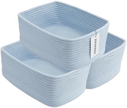 XUANGUO Small Woven Storage Baskets for Shelves, 13" x 9" x 5", Blue | Decorative rope storage bins for closets and toy storage; cute organizer baskets, empty gift baskets and nursery storage.
