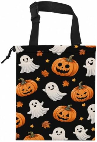 Halloween Pumpkin Ghost Car Garbage Bag Canvas Trash Can | Fall Rustic Halloween Drawstring Car Trash Bag Hanging for Back Seat with Adjustable Buckle
