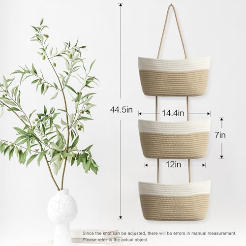 TeoKJ Over the Door Hanging Basket, 3-Tier Woven Cotton Wall-Mounted Storage Organizer Bag Decorative Hanging Nursery Baskets, White & Jute | Woven Cotton, Wall-Mounted Storage Organizer Bag, Decorative Hanging Nursery Baskets