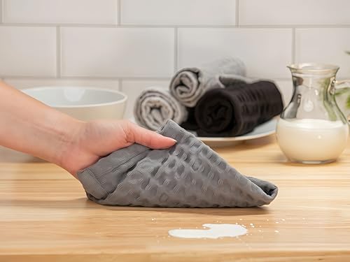 12 Pack Gray and Black Waffle Weave Dishcloths, 3 Sets of 4 Reusable 100% Cotton Kitchen Cleaning Cloths, 12x12 Inch, Super Absorbent, Quick Dry, for Dishes, Countertops, Hands, Eco-Friendly