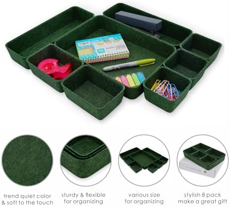 Welaxy Desk drawer organizer bins shallow trays felt storage desktop box for jewelry watches office supplies makeup small key holder minimalism 8-piece (Forest Green) | Sustainable material soft yet sturdy,multi-purpose storage, sleek minimalist lifestyle