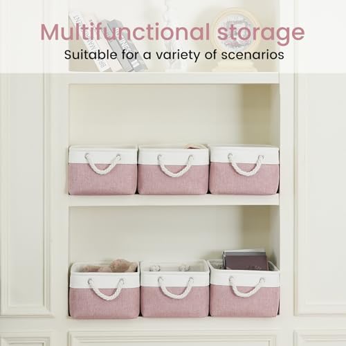 13.8x9.8x6.7 Inch Fabric Small Storage Bins with Handles 1 Pack | Foldable Storage Basket, Sturdy Metal Strand, Cardboard Support Molding, Small Baskets for Organizing, Shelves, White/Pink