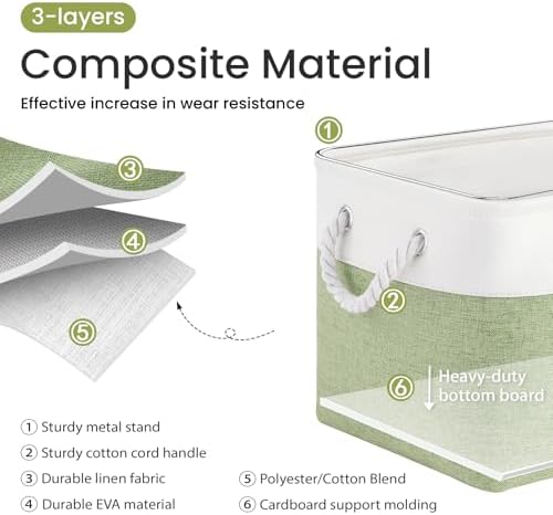 15x11x10 In Foldable Fabric Large Storage Bins with Handle 6 Pack | Organizer Baskets, Sturdy Metal Strand, Cardboard Support Molding, Storage Baskets for Shelves, Closet, Bedroom, White/Green