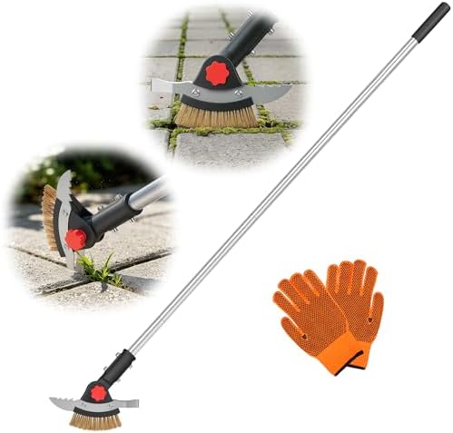 3-in-1 Crack Weeder Long Handle, Adjustable Crevice Weeding Tool with Stainless Steel Weed Brush and 2 Scrapers Weed Puller Tool for Driveway, Sidewalk, Lawn to Remove Weeds Moss Dirt (58.6")