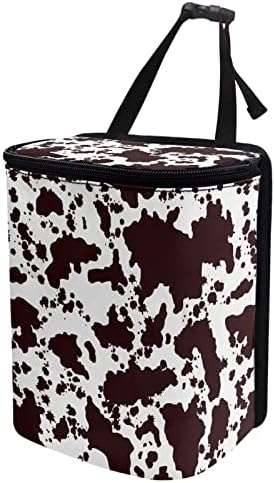 Brown Cow Print Trash Can for Car Portable Garbage Bag with Lid and Zipper Interior Auto Accessories Portable Trash Bin Hanging Backseat Cute Cowhide Multipurpose Multipurpose Trash Bags