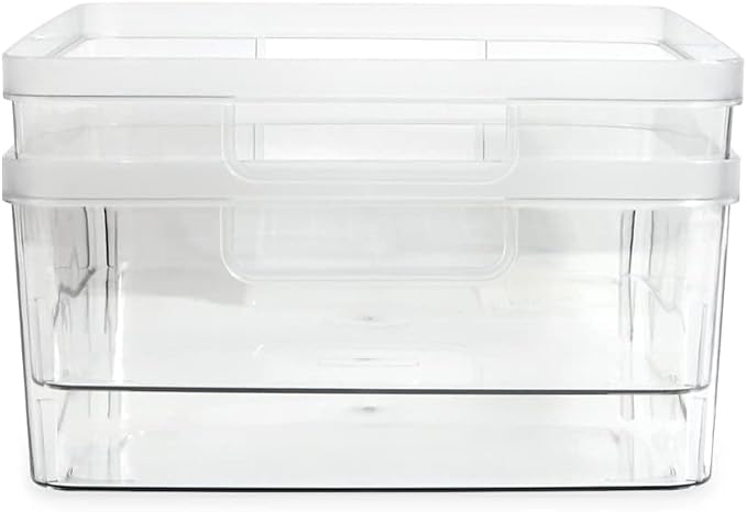 Isaac Jacobs 4-Pack Large Clear Storage Bins (11.5” L x 14” W x 5.5” H) w/Cutout Handles, Plastic Organizer for Home, Office, Kitchen, Fridge/Freezer, Bathroom, BPA Free, Food Safe (Large)
