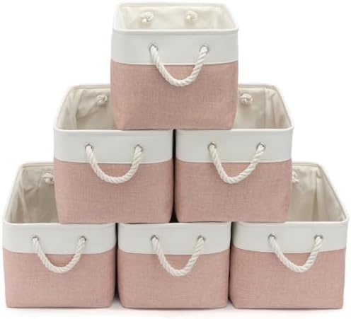 15x11x10 In Foldable Fabric Large Storage Bins with Handle 6 Pack | Organizer Baskets, Sturdy Metal Strand, Cardboard Support Molding, Storage Baskets for Shelves, Closet, Bedroom, White/Pink