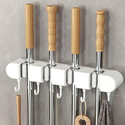 Wall Mounted Mop and Broom Holder, 4 Racks And 5 Hooks Vacuum Suction Cup Mop Holder, Stainless Steel & ABS Organizer for Kitchen, Bathroom, Garage, Laundry Room (White)