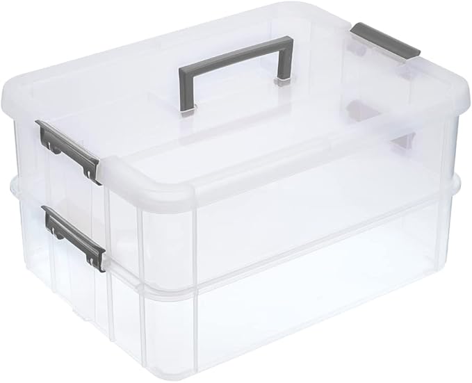 BTSKY 2 Layer Stack & Carry Box, Plastic Multipurpose Portable Storage Container Box Handled Organizer Storage Box for Organizing Stationery, Sewing, Art Craft, Jewelry and Beauty Supplies Dark Grey | Multipurpose Craft Organizers and Storage for Organ...