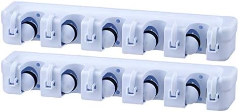 Superio Mop and Broom Holder Wall Mount White (2 Pack) Cleaning Tools Wall Organizer, 5 Rack Slots and 6 Hooks for Kitchen Closet Garage Garden and Office.