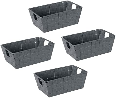 Simplify Small Shelf Woven Strap Tote | Decorative Storage Basket | Built in Handles | Organization | Closet | Bedroom | Bathroom | Nursery | Accessories | Toys | Gifts | 4 Pack | Grey