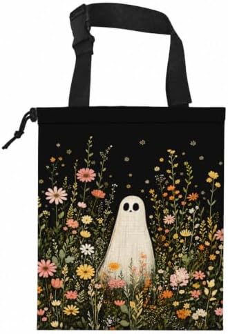 Halloween Ghost Wildflower Car Garbage Bag Canvas Trash Can | Cottagecore Floral Halloween Drawstring Car Trash Bag Hanging for Back Seat with Adjustable Buckle