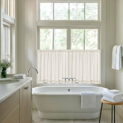 Beige Semi Sheer Linen Kitchen Curtains 24 Inch Length 2 Panels | Short Curtains, for Cafe Bathroom Basement Laundry Half Window, Rod Pocket Drapes, Privacy Light Filtering, 30Wx24L Inches