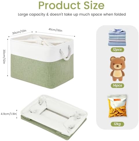 16x12x12 In Foldable Fabric Large Storage Bins with Handle 1 Pack | Storage Basket with Draw String Top, Sturdy Metal Strand, Cardboard Support Molding, for Shelf, Closet, Bedroom, White/Green