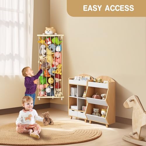Stuffed Animal Storage Toy Organizer(Patented) - Large Corner Stuffed Animal Holder Length Adjustable - Wall Plush Storage for Nursery Playroom Bedroom Kids Room (Beige)