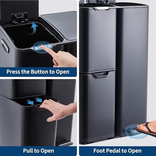 Triple Compartment Recycling & Trash Bin - 16 Gallon Stainless Steel for Kitchen or Office - Removable Buckets, Lid, Collapsible Foot Pedal - Large Capacity - Black