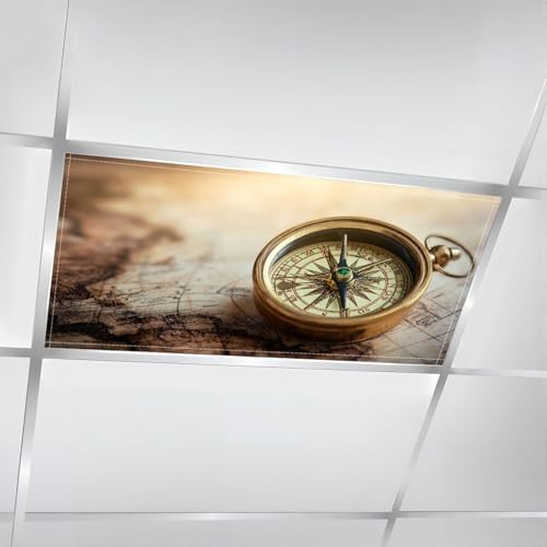 6 Pack Fluorescent Light Covers for Ceiling Lights Magnetic Old Compass World map Travel Geography Navigation Tourism Decorative Magnetic Light Cover Light Filters for Classroom Office Home