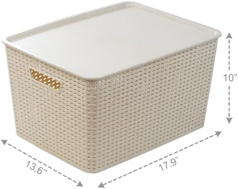 BINO | Plastic Storage Baskets with Lids, 33 Liter - 3 Pack, Natural | THE WOVEN COLLECTION | Storage Basket for Shelves | Woven Storage Baskets for Organizing Bins | Pantry Shelf Organizer Bin