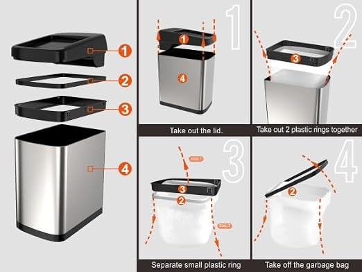 ELLO&ALLO 13 Gallon Kitchen Trash Can with Roll Up Lid, Automatic Touchless Motion Sensor Rectangular Trash Can, White