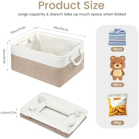 15.7x11.8x8.26 Inch Fabric Large Storage Bins with Handles 1 Pack | Foldable, Sturdy Metal Strand, Cardboard Support Molding, Fabric Storage Baskets for Shelves, Closet, Bedroom, White/Khaki