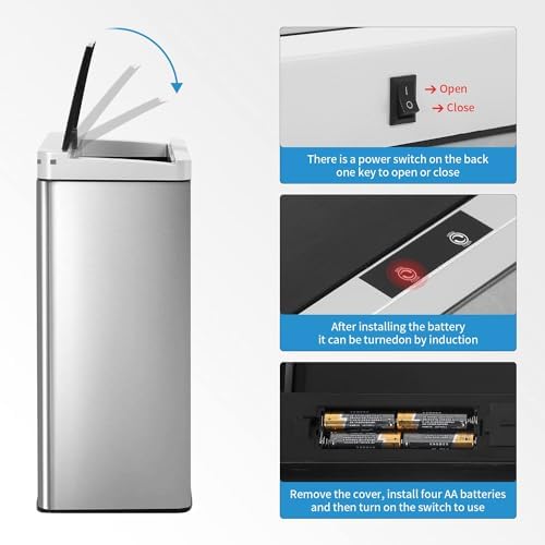 PayLessHere | 13 Gallon Stainless Steel Trash Can with Lid | Steel | Automatic Touchless Garbage Can | Waterproof & Easy to Clean | For Kitchen, Bathroom, Home or Office | Pack of 1