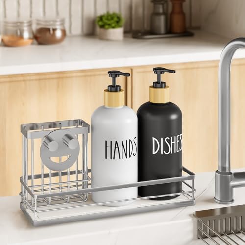 Moforoco Kitchen Dish Soap Dispenser Set, 16OZ Glass Bottle, Hand and Dish Soap Dispenser Set, Instant Dry Tray, Brush Holder with Smiley Face Sponge Holder (Silver Tray+Black&White Bottle)