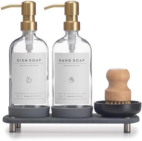 [Luxury] Kitchen Soap Dispenser Set - 16OZ Clear Glass Bottle, Stainless Steel Pump, Instant Dry Tray, Waterproof Labels, Non-Slip Silicone Pad, and Dish Brush | Upgrade for Your Kitchen and Bathroom