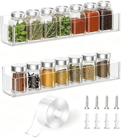 PMMASTO Adhesive Acrylic Spice Rack Organizer for Wall with Nano Double Sided Tape, Spice Shelf Organization for Kitchen Cabinet Door/Pantry Door, Wall Mount Seasoning Rack (Clear-2 Pack) | Acrylic Spice Rack Uses Double-Sided Adhesive Tape for Wall, C...
