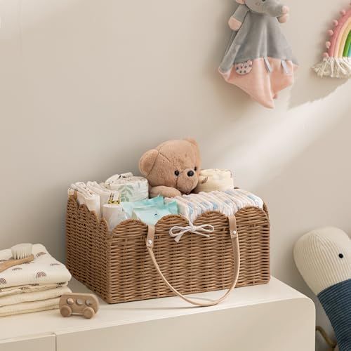HBlife Baby Diaper Caddy Organizer, Portable Scalloped Plastic Wicker Woven Basket with Divider, Nursery Diaper Station, Baby Shower Gifts Basket, Car Organizer, Washable Waterproof