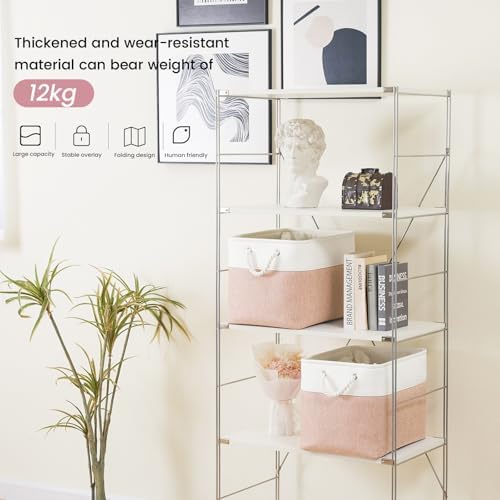 16x12x12 In Foldable Fabric Large Storage Bins with Handle 3 Pack | Storage Basket with Draw String Top, Sturdy Metal Strand, Cardboard Support Molding, for Shelf, Closet, Bedroom, White/Pink