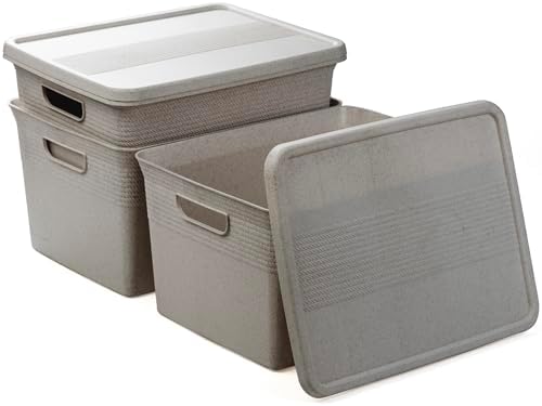BINO | Plastic Storage Bins with Lids, 22 Liter - 3 Pack, Natural Grey | THE BRAIDED COLLECTION | Plastic Bins for Organization Woven Storage Baskets for Organizing Pantry Shelf Organizer Basket Bin