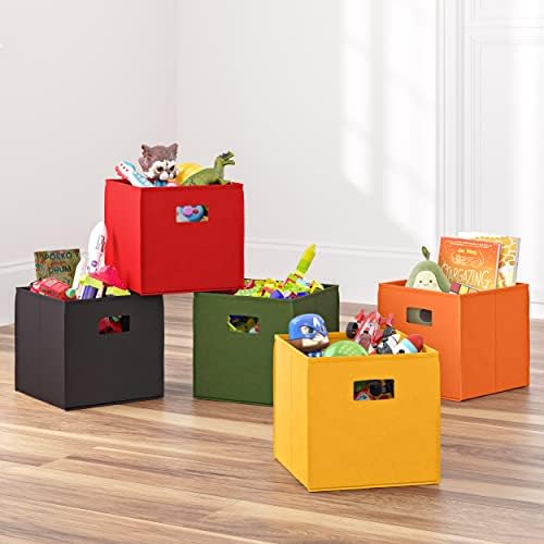 RiverRidge Folding Storage Bins - 4-pack of 10in Tall Olive Cubes | Fabric Bins, Set of 4 Storage Cubes, Cut-out Handles, Playroom Closet Organizer, Collapsible Cubby with Bottom Board Insert