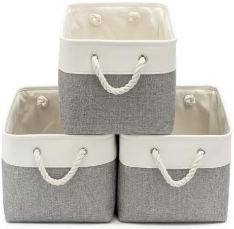 15x11x10 In Foldable Fabric Large Storage Bins with Handle 3 Pack | Organizer Baskets, Sturdy Metal Strand, Cardboard Support Molding, Storage Baskets for Shelves, Closet, Bedroom, White/Gray