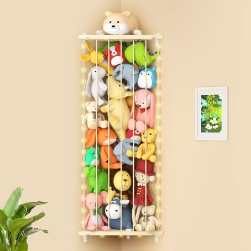 Stuffed Animal Storage Shelf Organizer(Patented) - Corner Stuffed Animal Holder Length Adjustable - Wall Plush Storage with Light for Nursery Playroom Bedroom Kids Room (Beige)