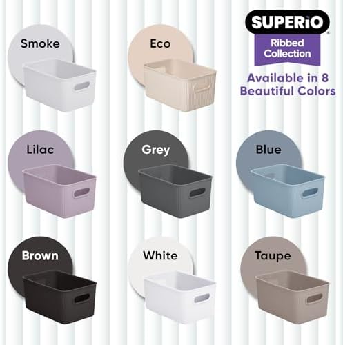 Superio Ribbed Collection - Decorative Plastic Basket Open Home Storage Bins Organizer, Medium Grey (2 Pack) Container Boxes for Organizing Closet Storage Bins for Shelves Drawer Shelf 5 Liter