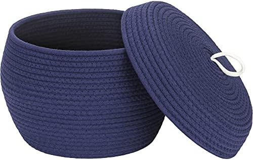 Sea Team Round Woven Cotton Rope Storage Basket with Lid, Navy | Lidded Knitted Decorative Storage Bin, Pot, Caddy, Organizer, Container for Snacks, Towels, Plants, 13 x 9 Inches