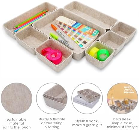Welaxy 8pc Nordic Felt Desk Drawer Organizer Tray Beige Oatmeal Storage Bin | Sustainable material soft yet sturdy,multi-purpose storage, sleek minimalist lifestyle