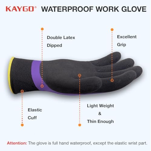 KAYGO Waterproof Work Gloves, Non-Slip Double Latex Coated, KG150 | Lightweight & Durable, Excellent Grip for Gardening, Construction, Fishing & Cleaning, for Men & Women