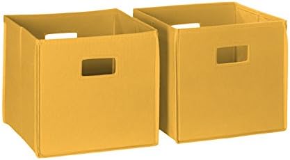 RiverRidge Folding Storage Bins - 2-pack of 10in Tall Golden Yellow Cubes | Fabric Bins, Set of 2 Storage Cubes, Cut-out Handles, Playroom Closet Organizer, Collapsible Cubby with Bottom Board Insert