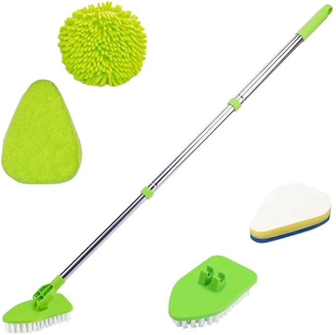 4-in-1 Tile Tub Floor Scrubber with 52-inch Adjustable Long Handle Shower Cleaner Brush with V-Shaped Grout Brush and 3 Replacement Brush Heads for Cleaning Bathroom Kitchen Walls Tub Tile