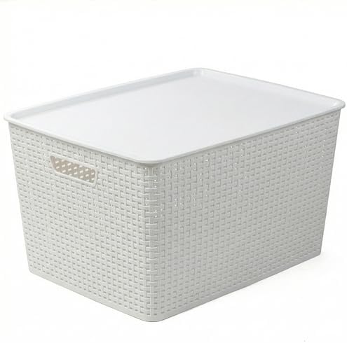 BINO | Plastic Storage Baskets with Lids, 45 Liter - 3 Pack, White | THE WOVEN COLLECTION | Storage Basket for Shelves | Woven Storage Baskets for Organizing Bins Pantry Shelf Organizer Container Bin