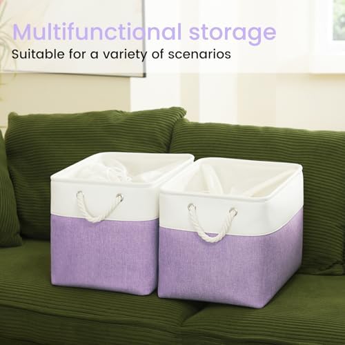 16x12x12 In Foldable Fabric Large Storage Bins with Handle 1 Pack | Storage Basket with Draw String Top, Sturdy Metal Strand, Cardboard Support Molding, for Shelf, Closet, Bedroom, White/Purple