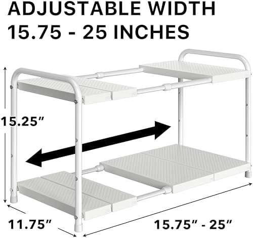 Simple Houseware Under Sink 2-Tier Heavy Duty Expandable Organizer, White | Adjustable Width 15.75–25 Inches with 4 Shelf Height Levels