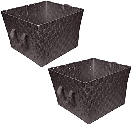 Simplify Large Woven Strap Tote | Decorative Storage Basket | 2 Handles | Organization | Closet | Bedroom | Bathroom | Nursery | Accessories | Toys | Gifts | 2 Pack | Chocolate