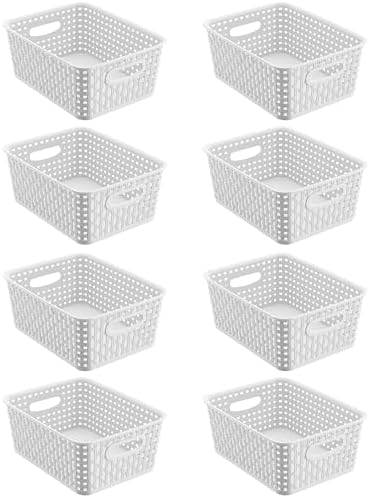 8 Pack White Storage Baskets, Plastic Woven Organizer Baskets, Stackable Shelf Baskets for Closet, Pantry & Bathroom