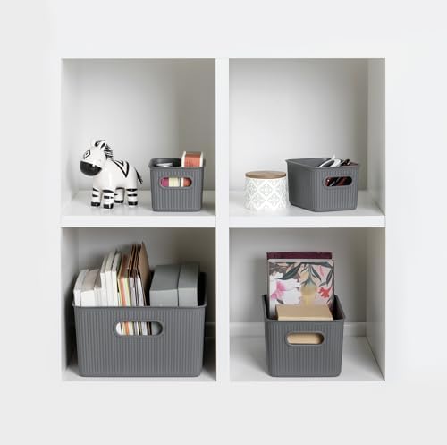 Superio Decorative Plastic Basket Open Home Storage Bins Organizer Baskets,Large Grey (8 Pack) Container Boxes for Organizing Closet Storage Bins for Shelves Drawer Shelf, 15 Liter