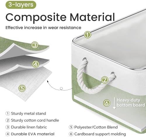 15.7x11.8x8.26 Inch Fabric Large Storage Bins with Handles 3 Pack | Foldable, Sturdy Metal Strand, Cardboard Support Molding, Fabric Storage Baskets for Shelves, Closet, Bedroom, White/Green